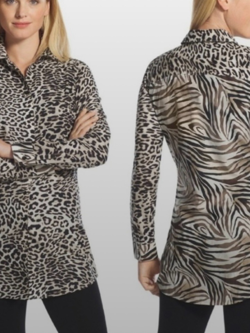 Chico's No Iron Leopard Zebra Animal Print Tunic Top Size Large / 2
